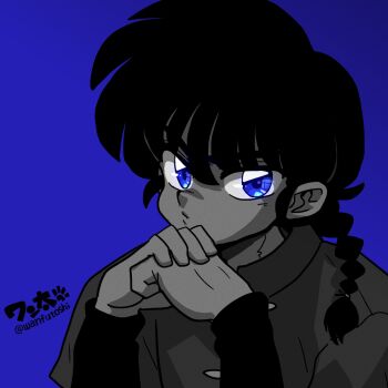 1boy artist_name blue_background blue_eyes braid closed_mouth looking_at_viewer male_focus ranma_1/2 saotome_ranma signature single_braid solo spot_color upper_body v-shaped_eyebrows wanta_(futoshi)