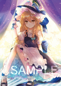 1girl apron black_hat black_shoes black_skirt black_vest blonde_hair blue_bow bow braid closed_mouth commentary_request flower flower_request green_bow hair_bow hat hat_bow hat_flower kazu_(muchuukai) kirisame_marisa long_hair looking_at_viewer mary_janes pink_flower sample_watermark shoes side_braid single_braid skirt smile socks solo touhou vest waist_apron watermark white_apron white_socks witch_hat yellow_eyes