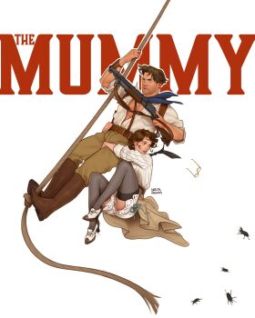 1boy 1girl boots brown_hair deltamagna english_text evelyn_carnahan glasses highres holding holding_another's_leg layered_clothes looking_to_the_side movie_poster_(medium) pants pump_action rick_o'connell rope signature swinging_on_rope text_background the_mummy_(series) thighhighs white_background