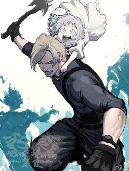 1boy 1girl 2boys 5tatsu :d aged_down axe barefoot belt black_belt black_gloves black_pants black_shirt blonde_hair blue_eyes carrying carrying_person child clenched_hand clenched_teeth commentary_request curtained_hair dress emily_(resident_evil) excited facial_hair gloves grey_eyes grey_hair grey_pants highres holding holding_axe holding_weapon jumping leon_s._kennedy looking_ahead looking_at_viewer midair multiple_boys multiple_others muscular muscular_male open_mouth outstretched_arms pants parted_bangs puffy_sleeves resident_evil resident_evil_requiem running shirt short_hair short_sleeves sleeves_rolled_up smile suspenders teeth v-shaped_eyebrows watch weapon white_background white_dress