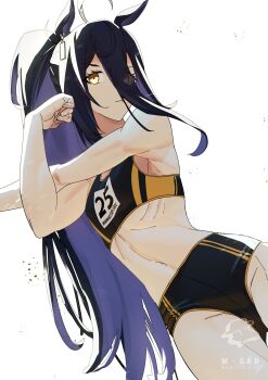 Rule 34 | 1girl, absurdres, ahoge, animal ears, bare shoulders, black buruma, black hair, black sports bra, breasts, buruma, closed mouth, commentary, cross-body stretch, ear tag, earrings, english commentary, hair between eyes, highres, horse ears, horse girl, jewelry, long bangs, long hair, long hair between eyes, looking at viewer, makotogab, manhattan cafe (umamusume), midriff, multicolored hair, navel, ponytail, single earring, small breasts, solo, sports bikini, sports bra, stretching, track uniform, umamusume, white hair, yellow eyes