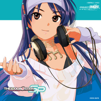Rule 34 | 1girl, album cover, annindoufu (oicon), bare shoulders, beamed eighth notes, bikini, bikini under clothes, black bikini, blue hair, blunt ends, brown eyes, closed mouth, copyright notice, cover, drop shadow, fingernails, flat chest, headband, headphones, headphones around neck, highres, idolmaster, idolmaster (classic), idolmaster sp, kisaragi chihaya, long hair, long sleeves, looking at viewer, musical note, official art, solo, sweater, swimsuit, third-party source, upper body, white sweater