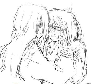 2girls blush commentary covered_face drooling ear_blush facing_another from_side hair_over_one_eye hands_on_another's_cheeks hands_on_another's_face holding_another's_wrist kirarazaka_marina kuze_shizuka long_hair long_sidelocks looking_at_another mobudeshi monochrome mouth_drool multiple_girls short_hair sidelocks sketch sweat sweater symbol-only_commentary takopii_no_genzai yuri