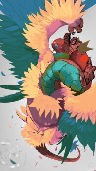 animal_focus archeops bad_id bad_pixiv_id dinosaur feathered_dinosaur fish flying from_above gen_1_pokemon gen_5_pokemon grey_background highres holding_with_feet iridescent magikarp nintendo no_humans open_mouth pokemon pokemon_(creature) predation signature simple_background slit_pupils splashing yunimaru