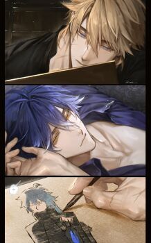 Rule 34 | 2boys, absurdres, black shirt, blonde hair, blue eyes, blue hair, closed mouth, commentary, crossed bangs, flins (genshin impact), genshin impact, highres, holding, holding pencil, lantern, long sleeves, male focus, multiple boys, open clothes, pencil, purple shirt, scar, scar on face, scar on hand, shirt, untranslatable commentary, varka (genshin impact), vyqi, watermark, yaoi, yellow eyes