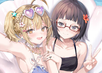 2girls armpits bikini black_bikini black_hair blonde_hair blue_bikini braid closed_mouth eyewear_on_head flower glasses hair_flower hair_ornament heart heart-shaped_eyewear holding_hands looking_at_viewer medium_hair miyamae_nonoa momoko_(momopoco) multiple_girls novel_illustration official_art open_mouth short_hair side_ponytail smile star_(symbol) star_hair_ornament sunglasses swimsuit taniyama_sayaka tokidoki_bosotto_roshia-go_de_dereru_tonari_no_alya-san upper_body v