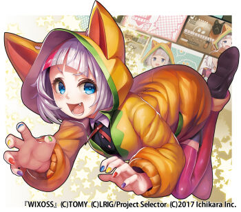 1girl animal_hood black_shirt black_shoes blue_eyes blue_nails blush border copyright_notice dog_hood fang grey_hair hassaku_yuzu hassaku_yuzu_(1st_costume) highres hood hoodie kousaku looking_at_viewer multicolored_hair multicolored_nails nijisanji official_art red_hair red_nails red_thighhighs shirt shoes short_eyebrows smile solo streaked_hair thighhighs white_border wixoss yellow_hoodie yellow_nails