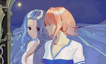 2girls blue_hair breasts brown_eyes closed_mouth collarbone dress earrings hashtag-only_commentary highres jewelry long_hair looking_at_another medium_breasts multiple_girls musynus nami_(one_piece) nefertari_vivi one_piece orange_hair parted_bangs shirt short_hair short_sleeves single_sidelock upper_body v-neck white_dress white_shirt