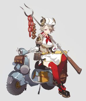 1girl :p animal_ears black_shoes black_shorts brown_hair closed_mouth commentary_request commission dress food gloves grey_background hat highres holding horns moped motor_vehicle natori_youkai original parted_bangs pixiv_commission platform_shoes puffy_short_sleeves puffy_sleeves purple_eyes red_thighhighs sausage shoes short_sleeves shorts shorts_under_dress simple_background sitting smile solo thighhighs tongue tongue_out white_dress white_gloves white_hat