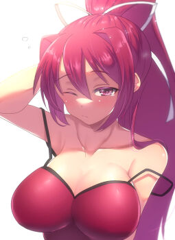 1girl blush breasts cleavage dazed hair_intakes hair_ribbon highres itsuka_neru large_breasts long_hair off_shoulder one_eye_closed ponytail purple_hair ribbon solo under_night_in-birth very_long_hair yuzuriha_(under_night_in-birth)