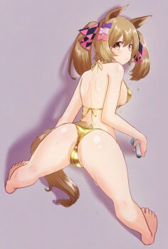 Rule 34 | 1girl, absurdres, animal ears, ass, bare arms, bent over, bikini, blush, bow, breasts, brown eyes, brown hair, cameltoe, closed mouth, commentary request, from above, from behind, gold bikini, hair bow, hair ornament, highres, holding, holding microphone, horse ears, horse girl, horse tail, kimlarno nazzo, kneepits, legs, legs apart, long hair, looking at viewer, medium breasts, microphone, multiple hair bows, partially visible vulva, pink bow, purple bow, sideboob, smart falcon (umamusume), solo, swimsuit, tail, thighs, twintails, umamusume