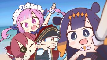 >_< 1girl 4girls :> :3 :d ahoge alternate_headwear anchor_symbol aqua_hair arm_up bad_id bad_pixiv_id bad_tag bare_shoulders beach bicorne black_dress black_hat black_headwear blonde_hair blue_bow blue_eyes blue_gem blue_hair blue_ribbon blue_sky blunt_bangs blush_stickers bow bright_pupils brooch cheek_squash chibi choker closed_eyes coat commentary day diamond_hairband dress drill_hair english_commentary excited eyepatch fang fins fish_tail fur-trimmed_collar fur_trim gawr_gura gem grey_hair hair_ribbon hand_up happy hat head_tilt highres hololive hololive_english houshou_marine houshou_marine_(1st_costume) hug imminent_kiss jewelry long_hair looking_at_viewer maid_headdress midriff minato_aqua minato_aqua_(1st_costume) multicolored_hair multiple_girls ninomae_ina'nis ninomae_ina'nis_(1st_costume) ocean open_mouth pink_hair pirate_hat potato7192 purple_eyes purple_hair raised_eyebrows reaching reaching_towards_viewer red_coat red_hair red_ribbon ribbon round_teeth sand selfie shark_tail sidelocks skin_fang sky smile streaked_hair tail teeth tentacle_hair tiara twintails two-tone_hair umisea unworn_hat unworn_headwear upper_teeth_only v virtual_youtuber white_choker white_hair white_pupils