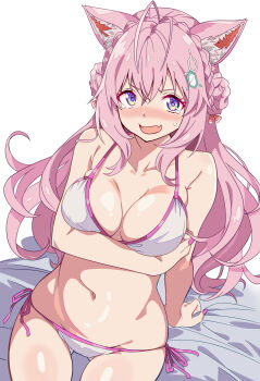 1girl absurdres animal_ears antenna_hair arm_support arm_under_breasts bare_shoulders bed_sheet bikini blush braid braided_bun breasts collarbone commentary_request crown_braid fang fingernails groin hair_bun hair_ornament hair_ribbon hakui_koyori highres hololive irodori_drawpic large_breasts long_hair looking_at_viewer nail_polish navel open_mouth pink_hair pink_nails pink_trim purple_eyes red_ribbon ribbon side-tie_bikini_bottom skin_fang solo stomach swimsuit tearing_up thighs virtual_youtuber white_background white_bikini wolf_ears wolf_girl