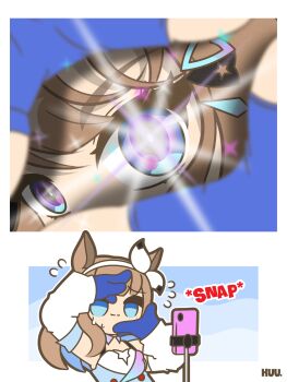 1girl absurdres almond_eye_(umamusume) animal_ears artist_name blue_eyes blue_gloves blue_hair bow cellphone colored_inner_hair commentary detached_sleeves english_commentary flying_sweatdrops gloves glowing glowing_eyes hair_bow hair_ornament hairclip highres horse_ears horse_girl kuhl-notes long_hair long_sleeves mirror_selfie multicolored_hair phone selfie smartphone taking_picture two-tone_hair umamusume white_bow