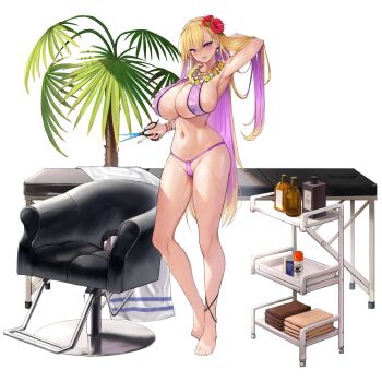 1girl anklet areola_slip arm_behind_head armpits barber_chair barefoot bikini blonde_hair boryeon_(last_origin) breasts cameltoe cleavage colored_inner_hair earrings flower flower_necklace full_body game_cg gyaru hair_between_eyes hair_flower hair_ornament halterneck has_a_figure hibiscus highres huge_breasts jewelry kirome_(kamipaper) kogal last_origin lei long_hair looking_at_viewer massage_table mole mole_on_breast multicolored_hair multicolored_nails nail_polish navel necklace official_art purple_bikini purple_hair razor_blade scissors simple_background sling_bikini_top smile solo sweat swimsuit tachi-e very_long_hair white_background