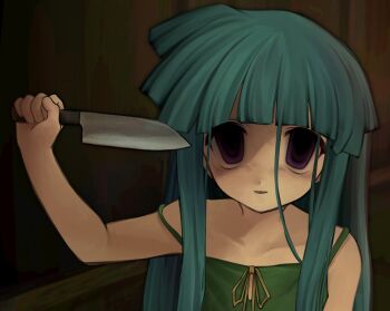 1girl aqua_hair arm_at_side arm_up bare_shoulders blue_hair blunt_bangs collarbone crazy dark dress empty_eyes furude_rika green_dress hand_on_wall highres higurashi_no_naku_koro_ni hime_cut holding holding_knife holding_weapon imminent_death imminent_suicide indoors kitchen_knife knife long_hair looking_at_viewer meakashi-hen parted_lips purple_eyes ribbon scene_reference shaded_face sidelocks sleeveless sleeveless_dress smile solo spaghetti_strap strap_slip uee_m upper_body weapon yellow_ribbon
