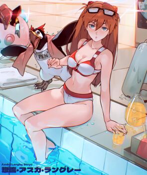1girl :o barefoot bikini blue_eyes breasts cesar_art456 character_name cleavage cup curvy drinking_glass feet highres indoors large_breasts legs long_hair looking_at_viewer navel neon_genesis_evangelion parted_lips penpen poolside shiny_skin sitting souryuu_asuka_langley striped_bikini striped_clothes swimsuit thighs water wet white_bikini wide_hips