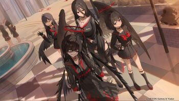 6+girls bags_under_eyes black_choker black_gloves black_sailor_collar black_serafuku black_skirt black_wings blue_archive blunt_bangs blush breasts choker closed_eyes closed_mouth crazy_eyes crazy_smile feathered_wings fingerless_gloves gloves grin hair_behind_ear hair_between_eyes hair_ornament hairclip halo hand_on_own_arm hand_on_own_hip hasumi_(blue_archive) hidulume highres ichika_(blue_archive) justice_task_force_(blue_archive) justice_task_force_member_(blue_archive) large_breasts long_hair long_sleeves looking_at_viewer low_wings mashiro_(blue_archive) medium_breasts multiple_girls neckerchief official_art outdoors purple_eyes red_eyes red_halo red_neckerchief sailor_collar school_uniform serafuku shaded_face short_hair skirt smile tsurugi_(blue_archive) white_sailor_collar wings