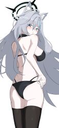 Rule 34 | 1girl, absurdres, adjusting clothes, adjusting swimsuit, alternate costume, animal ear fluff, animal ears, ass, bikini, black bikini, black halo, black thighhighs, blue archive, blush, breasts, closed mouth, commentary request, cowboy shot, from behind, green eyes, grey hair, halo, highres, large breasts, long hair, looking at viewer, looking back, mismatched pupils, rihitonn, shiroko (blue archive), shiroko terror (blue archive), simple background, solo, swimsuit, thighhighs, white background, wolf ears