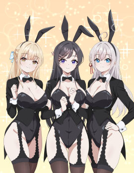 3girls 4ddd absurdres ahoge alisa_mikhailovna_kujou animal_ears black_bow black_bowtie black_hair black_leotard blonde_hair blue_eyes blush bow bowtie breasts brown_eyes cleavage closed_mouth collar commission fake_animal_ears garter_belt gluteal_fold groin hair_between_eyes hair_ornament hairclip hand_on_own_hip highres large_breasts leotard long_hair looking_at_viewer medium_hair multiple_girls otonari_no_tenshi-sama_ni_itsu_no_mani_ka_dame_ningen_ni_sarete_ita_ken pixiv_commission playboy_bunny purple_eyes rabbit_ears sakurajima_mai seishun_buta_yarou shiina_mahiru_(otonari_no_tenshi-sama) shrug_(clothing) smile tokidoki_bosotto_roshia-go_de_dereru_tonari_no_alya-san white_collar white_hair
