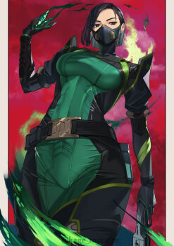 1girl absurdres artist_name black_hair bodysuit breasts commentary english_commentary green_eyes gun highres holding holding_gun holding_weapon kagematsuri letterboxed mask mouth_mask multicolored_bodysuit short_hair solo two-tone_bodysuit valorant viper_(valorant) weapon