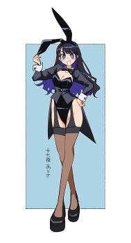 1girl absurdres animal_ears azumaya_toushirou black_bow black_bowtie black_jacket black_leotard black_shoes black_thighhighs blue_background blue_eyes border bow bowtie breasts cleavage commentary_request fake_animal_ears full_body hand_on_own_hip highleg highleg_leotard highres izayoi_arisa jacket leotard looking_at_viewer open_mouth outside_border rabbit_ears shoes solo sono_bisque_doll_wa_koi_wo_suru standing tailcoat_playboy_bunny thigh_strap thighhighs translation_request white_border white_wrist_cuffs wrist_cuffs
