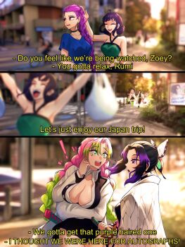 ! 4girls ? black_hair braid breasts butterfly_hair_ornament cleavage commentary earrings english_commentary english_text hair_ornament headpat highres hoop_earrings jewelry kanroji_mitsuri katana kimetsu_no_yaiba kochou_shinobu kpop_demon_hunters large_breasts long_hair looking_at_another looking_to_the_side medium_breasts multicolored_hair multiple_girls opalis open_mouth pink_hair purple_hair rumi_(kpop_demon_hunters) short_hair single_braid smile streaked_hair sword twin_braids weapon zoey_(kpop_demon_hunters)