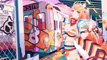 1girl absurdres animal_ears ass bandaged_arm bandages baseball_bat bikini blonde_hair bra breasts cat_ears chewing_gum cleavage ebiko_(vtuber) graffiti highres indie_virtual_youtuber large_breasts middle_finger nail_(hardware) nail_bat orange_eyes peesh_san see-through_clothes shorts shrimp_girl shrimp_tail striped_bikini striped_clothes subway subway_station swimsuit thigh_strap thighs underwear virtual_youtuber