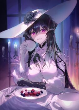 1girl absurdres asymmetrical_gloves black_flower black_gloves black_hair blueberry breasts cherry cleavage constance_(honkai:_star_rail) cup demon_girl demon_horns dress flower food fork fruit gloves hair_between_eyes hand_up hashtag-only_commentary hat hat_flower highres holding holding_cup honkai:_star_rail honkai_(series) horns ien_(to_yen) large_breasts long_hair looking_at_viewer mismatched_gloves parted_lips purple_eyes smile strawberry sun_hat teacup upper_body white_dress white_gloves white_hat