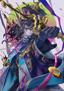 1boy arknights black_gloves black_shirt blonde_hair blue_shawl brown_hair coat coin commentary_request dekadekainu fins frown furry furry_male gloves grey_background hat head_fins holding holding_wand lee_(arknights) lee_(the_life_appraiser)_(arknights) long_sleeves looking_at_viewer male_focus medium_hair multicolored_hair official_alternate_costume purple_coat purple_hat scales serious shawl shirt simple_background solo streaked_hair twitter_username wand yellow_eyes