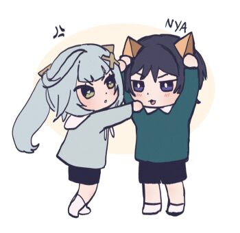 1boy 1girl aged_down anger_vein aqua_hair aqua_pupils aqua_shirt aqua_sleeves arms_up black_shorts blunt_bangs blunt_ends blush bright_pupils child collar contemporary faruzan_(genshin_impact) frown genshin_impact gold green_eyes green_shirt hair_ornament highres holding long_hair long_sleeves looking_at_another mismatched_pupils official_alternate_costume open_mouth outstretched_arm purple_eyes purple_pupils scaramouche_(genshin_impact) shirt shorts simple_background socks sound_effects standing teasing twintails uiiyru white_background white_collar white_mouth white_pupils white_socks wispy_bangs x_hair_ornament