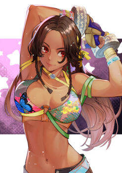 1girl armband bikini bra breasts brown_hair cleavage dark-skinned_female dark_skin earrings fingerless_gloves floral_print floral_print_bikini gloves green_armband hinoru_saikusa jewelry long_hair looking_to_the_side medium_breasts miary_zo multicolored_bra navel padded_gloves print_bikini red_eyes short_shorts shorts simple_background smile solo stretching swimsuit tekken tekken_8 underwear upper_body yellow_armband yellow_nails
