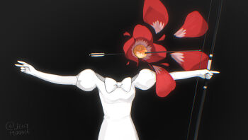 Rule 34 | 1girl, alien stage, arrow (projectile), bow, bow (weapon), commentary, dress, dress bow, english commentary, flower, highres, holding, holding bow (weapon), holding weapon, manimani (vocaloid), mixed-language commentary, moonie, no humans, red flower, red petals, signature, solo, sua (alien stage), weapon, white bow, white dress