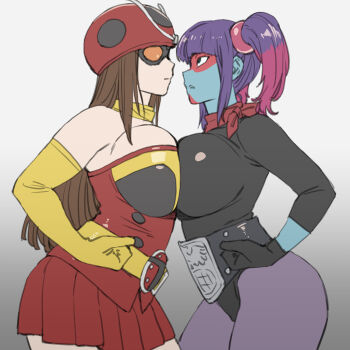2girls :/ ass biceps black_leotard breast_press breasts brown_hair clash_of_breasts_(meme) cleavage clenched_hand clenched_hands electro_wave_human_tackle face-to-face hand_on_own_hip highres hs_egg kamen_rider large_breasts leotard lips long_hair looking_at_another meme miniskirt multiple_girls okada_yuriko pantyhose revealing_clothes serious shiny_clothes shocker_(kamen_rider) simple_background skirt smile standing toujima_tanzaburou_wa_kamen_rider_ni_naritai twintails wide_hips yukarisu