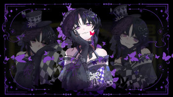 1girl absurdres bare_shoulders black_background black_gloves black_hair black_hat black_kimono border bug butterfly butterfly_hair_ornament commentary_request cropped_torso gloves hair_ornament hand_on_own_cheek hand_on_own_face hand_up hat highres housho_margo insect japanese_clothes kimono lolita_fashion long_sleeves looking_at_viewer mahou_shoujo_no_majo_saiban mini_hat mini_top_hat mkiiiiii multiple_views open_mouth parted_bangs purple_butterfly purple_eyes short_hair smile top_hat upper_body wa_lolita