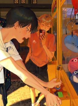 2boys ahoge amo_(amo_0514) ankle_socks arm_support bag black_bag black_hair black_shorts blush brown_hair cellphone closed_eyes collared_shirt commentary_request contrapposto crane_game double-parted_bangs dusk feet_out_of_frame from_side hair_between_eyes hand_in_pocket hand_up highres holding holding_phone indoors jewelry leaning_forward leaning_on_object leaning_to_the_side lock looking_down low_ponytail male_focus multiple_boys necklace open_mouth original padlock parted_lips phone ponytail print_shirt profile red_shirt reflection shadow shirt short_hair short_ponytail short_sleeves shorts shoulder_strap small_sweatdrop smartphone smartphone_case smile socks standing stuffed_animal stuffed_toy sunlight t-shirt turning_head upper_body white_shirt white_socks