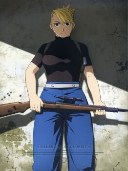 00s 1girl against_wall black_shirt blonde_hair blue_pants breasts brown_eyes brown_shirt closed_mouth earrings female_focus folded_ponytail fullmetal_alchemist gun handgun holding holding_gun holding_weapon holster jewelry large_breasts legs looking_at_viewer marksman military military_uniform official_art pants ponytail rifle riza_hawkeye serious shadow shirt short_hair skin_tight sniper solo standing thighs wall weapon