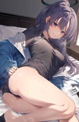 Rule 34 | 1girl, amagimei, ass, bed, bed sheet, black panties, black shirt, blue archive, blue jacket, blush, halo, highres, indoors, jacket, long hair, looking at viewer, mechanical halo, official alternate costume, official alternate hairstyle, open clothes, open jacket, open mouth, panties, pillow, ponytail, purple eyes, purple hair, shirt, short sleeves, solo, underwear, yuuka (blue archive), yuuka (track) (blue archive)