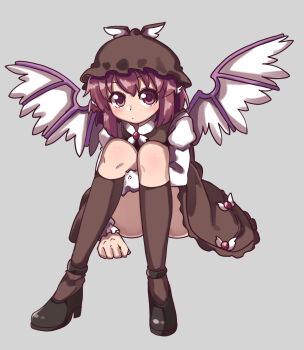 1girl anklet black_shoes black_skirt black_thighhighs blush brooch closed_mouth commentary convenient_leg dot_mouth dress feathered_wings full_body grey_background hat highres hugging_own_legs jewelry long_sleeves looking_at_viewer mystia_lorelei one-hour_drawing_challenge purple_eyes purple_hair renshirenji shoes short_hair simple_background sitting skirt straight-on thighhighs touhou two-tone_dress winged_hat wings