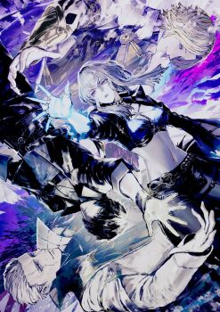 1boy 1girl 3boys arm_armor avidius_(wuthering_waves) black_hair blonde_hair blue_bra bra breasts closed_mouth coat commentary_request cracked_skin fenrico_(wuthering_waves) galbrena_(wuthering_waves) gold_choker grey_shirt highres male_rover_(wuthering_waves) medium_breasts medium_hair multiple_boys muted_color navel purple_eyes rover_(wuthering_waves) shirt smile stomach underwear white_coat white_hair wuthering_waves yellow_eyes yoshi_(houndbell)