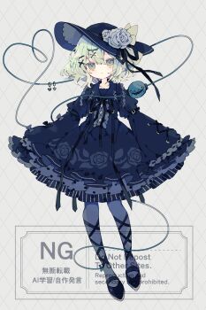 Rule 34 | 1girl, absurdres, alternate color, ankle lace-up, argyle background, black hat, black pantyhose, black shirt, black shoes, black skirt, blue flower, blue rose, closed mouth, collared shirt, commentary, flower, frilled shirt collar, frilled skirt, frills, full body, green eyes, green hair, grey background, hat, hat flower, heart, heart of string, highres, komeiji koishi, long sleeves, looking at viewer, nikorashi-ka, pantyhose, rose, shirt, shoes, short hair, skirt, sleeves past fingers, sleeves past wrists, solo, standing, third eye, touhou, watermark