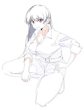 1girl arato_nagi belt black_hair blush breasts cleavage closed_mouth collarbone commentary_request denim earrings elbow_on_knee hand_on_own_hip highres jeans jewelry large_breasts long_hair pants purple_eyes ruri_no_houseki shirt smile solo soutou_nagi squatting stud_earrings white_shirt