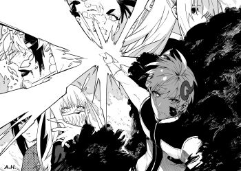 3boys 3girls absurdres akabane_sousei alexander_herrington black_hair blood blood_on_face chidori_(sentai_dai_shikkaku) closed_mouth commentary cracked_skin english_commentary gloves greyscale highres hisui_kanon holding holding_weapon lipstick long_hair makeup monochrome multiple_boys multiple_girls sentai_daishikkaku sentouin_d smoke suzukiri_yumeko usukubo_angel weapon white_gloves windy_(sentai_daishikkaku)