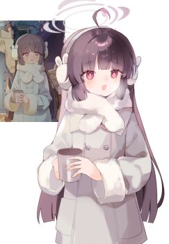 Rule 34 | 1girl, :3, absurdres, ahoge, black hair, blue archive, blunt bangs, bright pupils, buttons, coat, cup, double-breasted, earmuffs, fur-trimmed sleeves, fur trim, grey coat, grey halo, halo, highres, holding, holding cup, long hair, long sleeves, looking at viewer, miyu (blue archive), open mouth, rabbit earmuffs, red eyes, reference inset, runbell, scarf, simple background, smile, upper body, white background, white pupils, white scarf