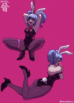 1girl animal_ears artist_collaboration ass black_leotard black_pantyhose blue_hair bow bowtie breasts commentary detached_collar english_commentary hair_ornament hatsune_miku high_heels highres leotard looking_back lying medium_breasts on_stomach open_mouth pantyhose pietrosatou pixel_art playboy_bunny pole purple_bow purple_bowtie rabbit_ears rabbit_hole_(vocaloid) rabbit_tail shin_275 signature smile spread_legs strapless strapless_leotard stripper_pole tail the_pose twintails vocaloid x_hair_ornament