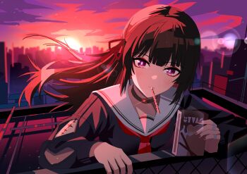 1girl absurdres arm_cutout black_choker black_hair box chisa_(wuthering_waves) choker clothing_cutout commentary_request evening food food_in_mouth hair_ribbon highres holding holding_box long_hair long_sleeves looking_at_viewer nail_polish neckerchief pocky pocky_in_mouth red_eyes red_nails red_neckerchief red_ribbon red_sky ribbon rooftop sailor_collar sdftehn sky solo tacet_mark_(wuthering_waves) white_sailor_collar wind wuthering_waves