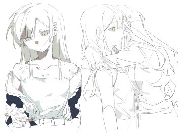 1088888888 2girls bang_dream! bang_dream!_it's_mygo!!!!! camisole chinese_commentary commentary_request green_hair hair_ornament hairclip highres hug injury long_sleeves multiple_girls open_clothes open_mouth open_shirt simple_background spaghetti_strap togawa_sakiko wakaba_mutsumi white_background white_camisole yellow_eyes yuri