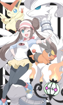 1girl ;d absurdres alternate_color black_pantyhose blue_eyes brown_hair chandelure double_bun gen_5_pokemon hair_bun hand_on_own_hip highres ka2ya_aaa legendary_pokemon long_hair looking_at_viewer mythical_pokemon nintendo one_eye_closed open_mouth pantyhose pokemon pokemon_bw2 reshiram rosa_(pokemon) shiny_pokemon shirt shoes shorts smile tepig twintails victini visor_cap yellow_shorts