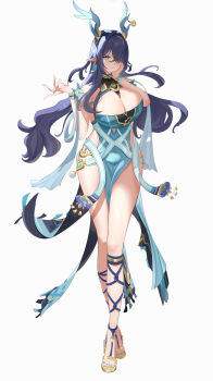 1girl absurdres antlers blue_dress blush breasts cleavage closed_mouth dress full_body genshin_impact green_eyes hair_over_one_eye highres horns large_breasts lauma_(genshin_impact) looking_at_viewer pelvic_curtain pointy_ears purple_hair reindeer_antlers reindeer_girl simple_background smile white_background zzyan