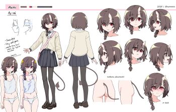 Rule 34 | 1girl, absurdres, ass, bare shoulders, blush, braid, brown hair, cat tail, closed mouth, collared shirt, demon tail, hair ornament, highres, horns, loafers, long sleeves, looking at viewer, multiple persona, multiple views, nemi (nemmmiii), original, panties, pantyhose, pleated skirt, red eyes, reference sheet, shirt, shoes, short hair, skirt, smile, tail, underwear, underwear only, white panties